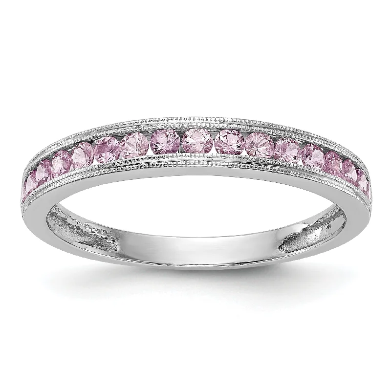 silver wedding band for men -14k White Gold Pink Sapphire Milgrain Channel Set Anniversary Band