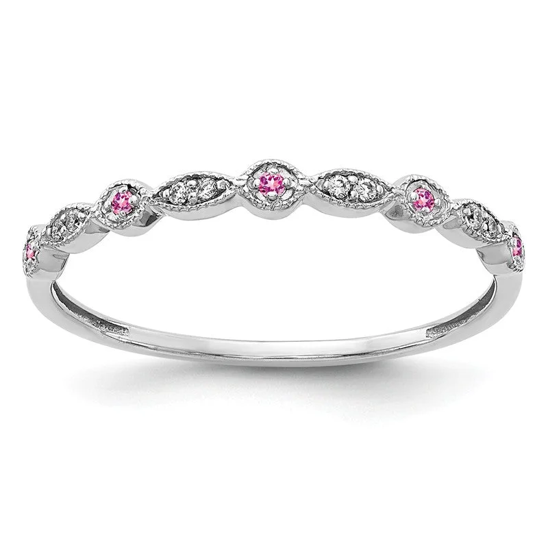 platinum engagement ring for women -14k White Gold Pink Sapphire & Diamond Round and Marquise-Style Anniversary Ring