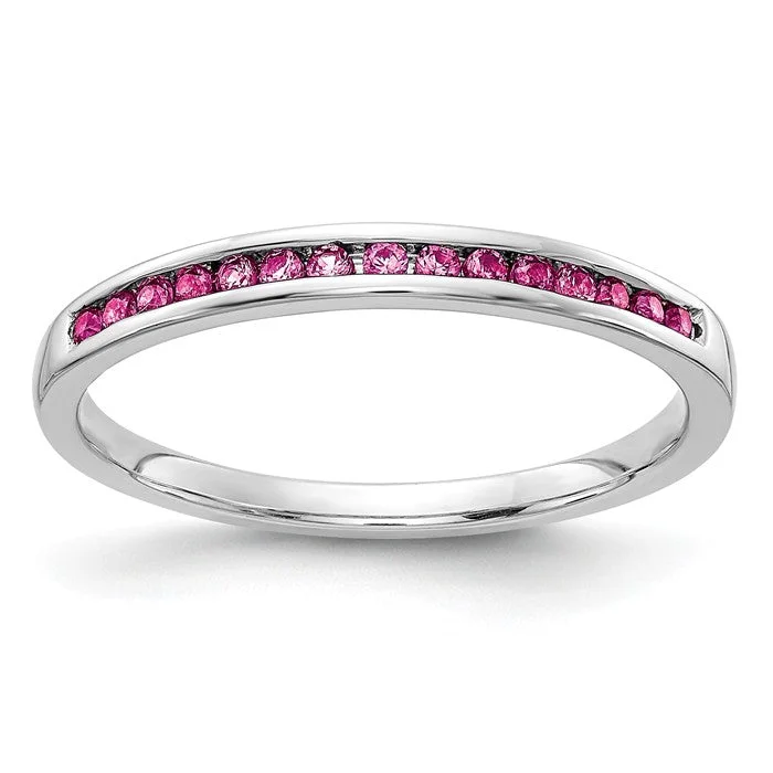 stackable rings for women -14k White Gold Pink Sapphire Round Channel Set Anniversary Ring