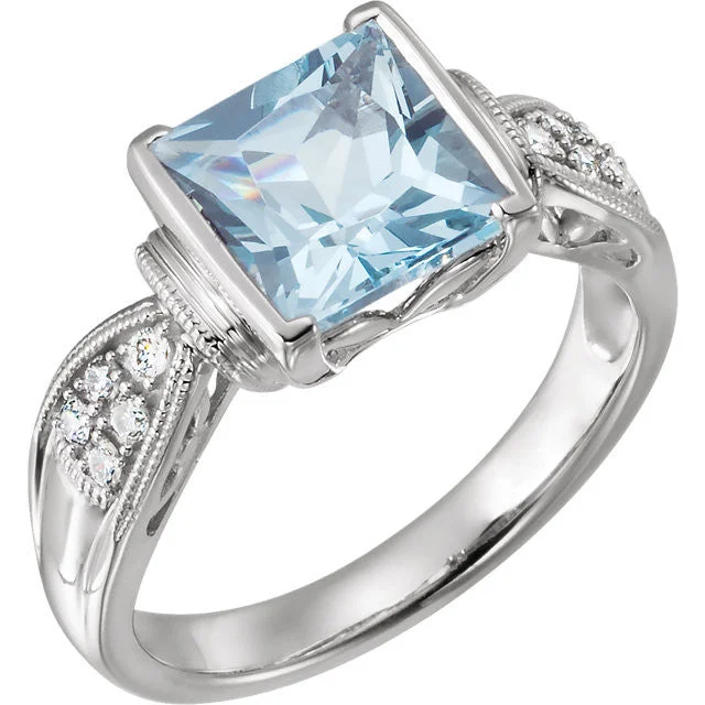 opal ring for women -14k White Gold Princess Square Aquamarine & 1/8 CTW Diamond Ring