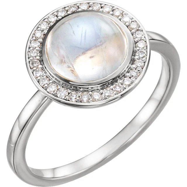 pearl ring for women -14k Gold Round Rainbow Moonstone Diamond Halo Ring - White, Yellow or Rose or Platinum