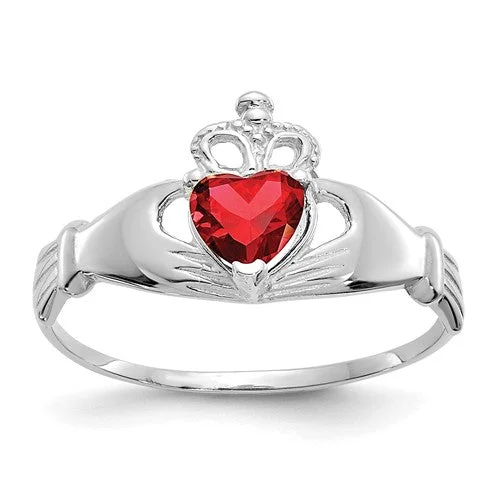 men’s silver ring with gemstone -14k White Gold Red CZ Heart Claddagh Ring