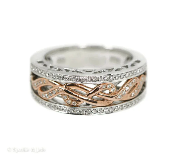 princess cut diamond ring for engagement -14K White Gold & Rose Gold Diamond Infinity Wide Filigree Wedding Band