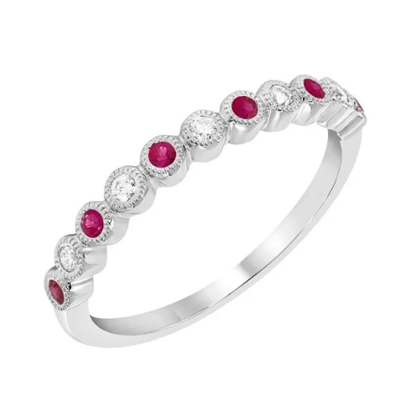 sterling silver ring for men -14k White Gold Round Alternating Genuine Diamond And Ruby Anniversary Ring