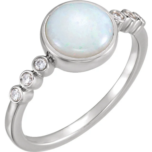 unique promise ring for her -14k Gold 8mm Round Bezel Set Genuine Australian Opal & Diamond Ring