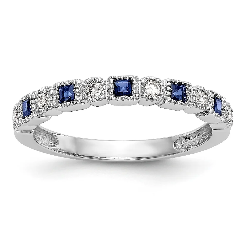 custom engraved ring for gifts -14k White Gold Round Diamond With Square Blue Sapphire Anniversary Band