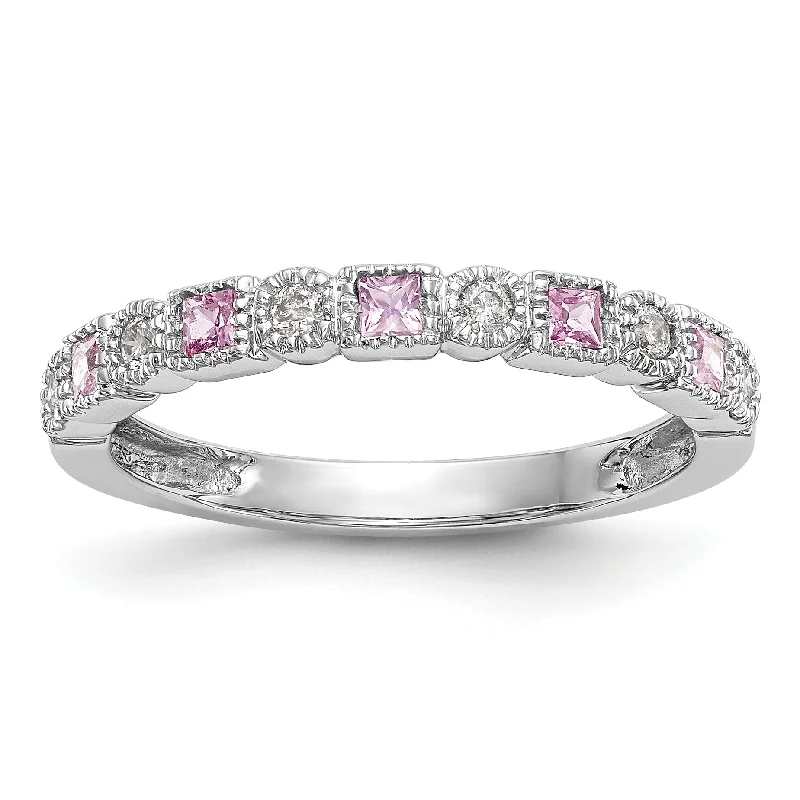 eternity ring for anniversary gifts -14k White Gold Round Diamond With Square Pink Sapphire Anniversary Band