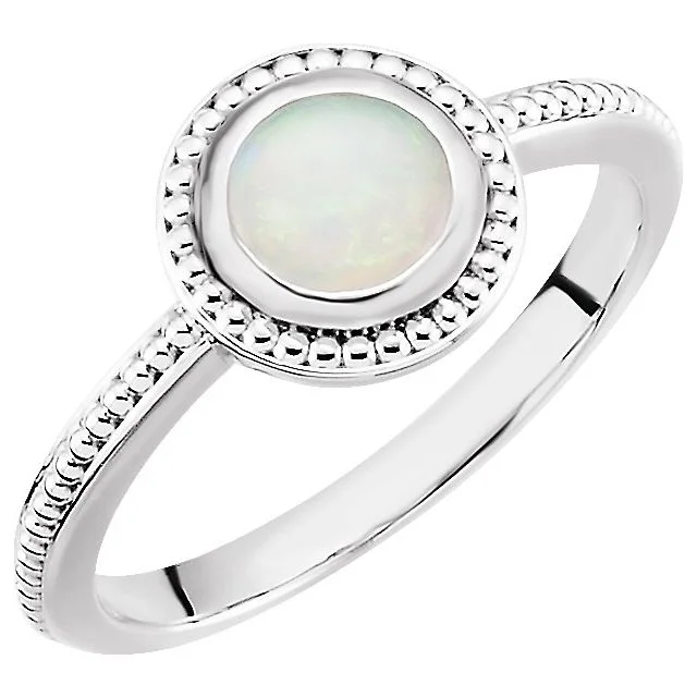 custom name ring for men -14k White Gold Round Genuine Australian Opal Beaded Design Ring