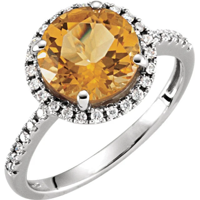 emerald ring for special occasions -14K White Gold 9mm Round Genuine Citrine & 1/6 CTW Diamond Halo Ring