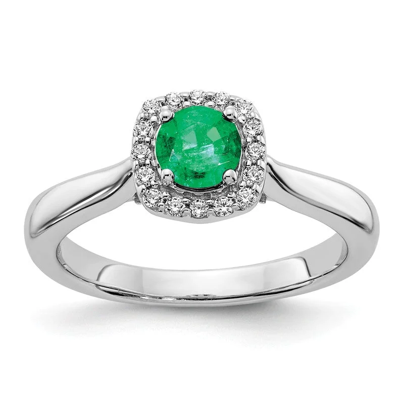 men’s wedding ring with engraving -14k White Gold Round Genuine Emerald & Diamond Halo Ring