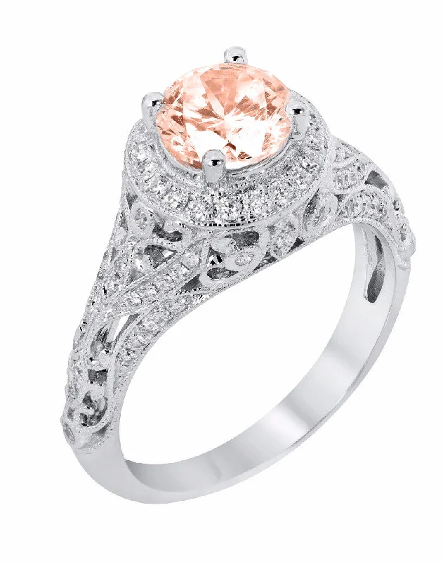 best diamond ring for weddings -14k White Gold Round Morganite and Diamond Halo Vintage Style Engagement Ring