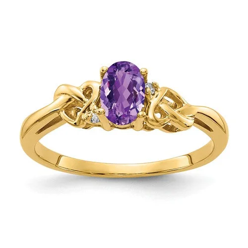 vintage diamond ring for women -14k Yellow Gold 6x4mm Oval Amethyst and AA Diamond Heart Knot Side Ring