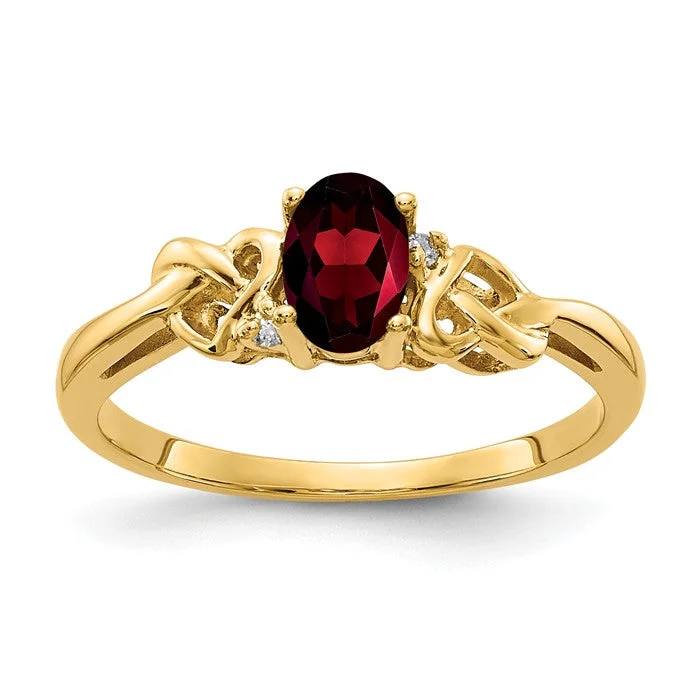 custom engraved ring for gifts -14k Yellow Gold 6x4mm Oval Garnet AA Diamond Heart Knot Side Ring