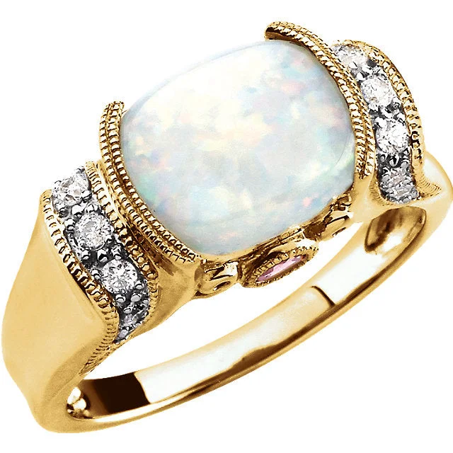 silver promise ring for couples -14k Yellow Gold Australian Opal, Pink Tourmaline & 1/6 CTW Diamond Ring