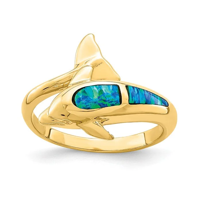 men’s gold signet ring -14k Yellow Gold Blue Created Opal Dolphin Wrap Ring