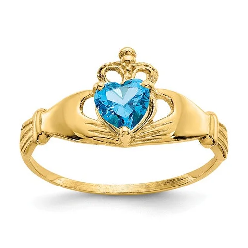 men’s wedding band with rubies -14k Yellow Gold Blue Heart Polished Claddagh Ring