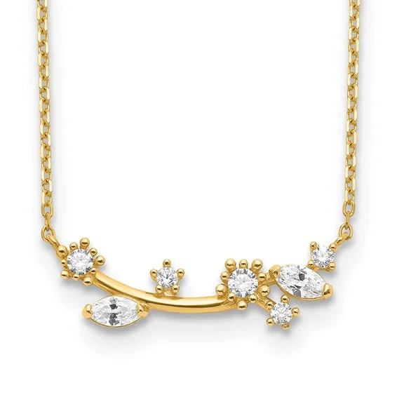 engraved necklaces for couples-14k Yellow Gold Floral CZ Branch Bar 18" Necklace