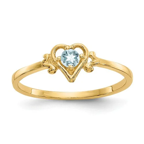 men’s zirconia wedding ring -14k Yellow Gold Genuine Aquamarine March Birthstone Heart Ring