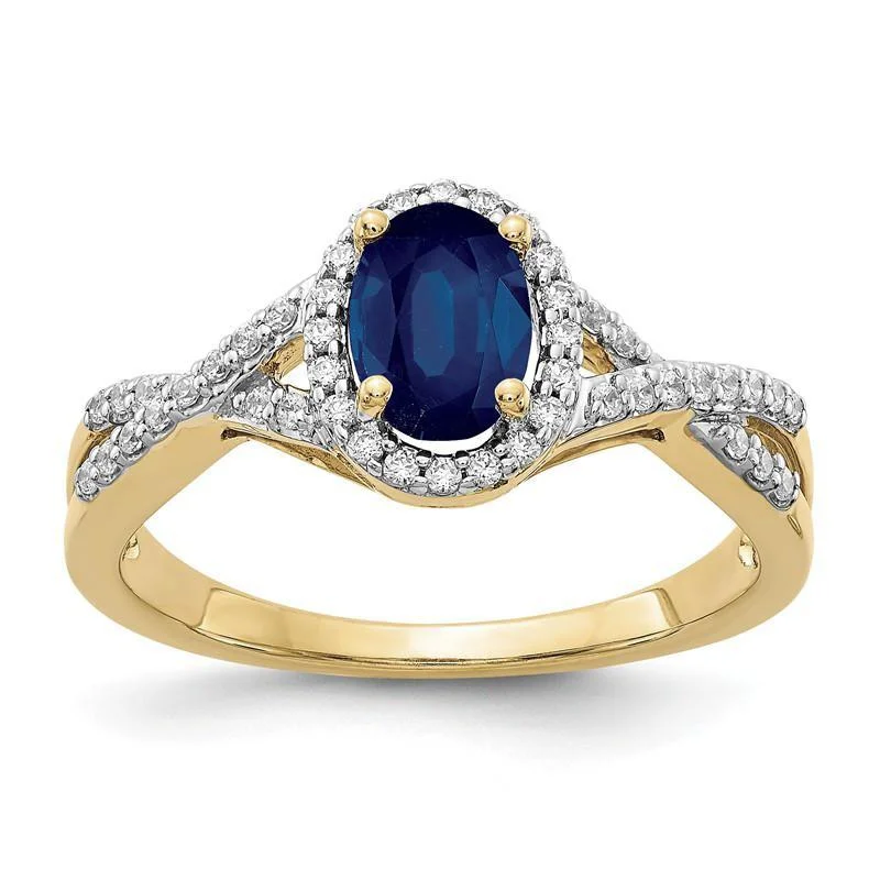 men’s silver wedding band -14k Yellow Gold Genuine Blue Sapphire Oval & Diamond Halo Twist Ring