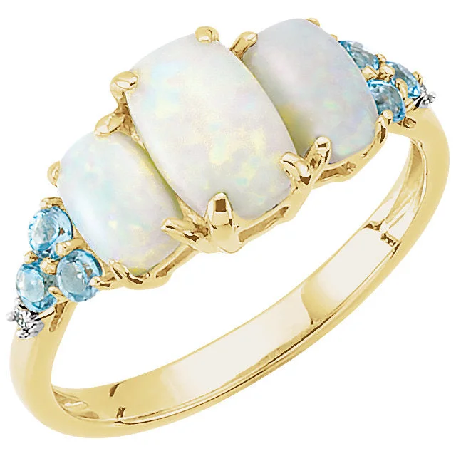 minimalist ring for women -14k Yellow Gold Genuine Opal, Swiss Blue Topaz & Diamond Ring