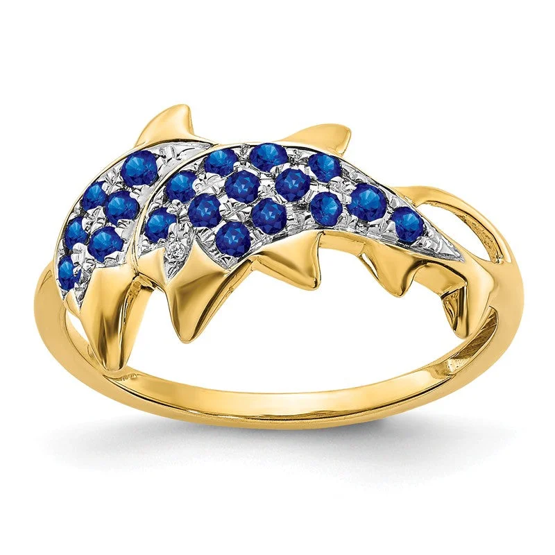 pearl ring for women -14K Yellow Gold Gold w/ Rhodium Detail Diamond & Blue Sapphire Dolphins Ring