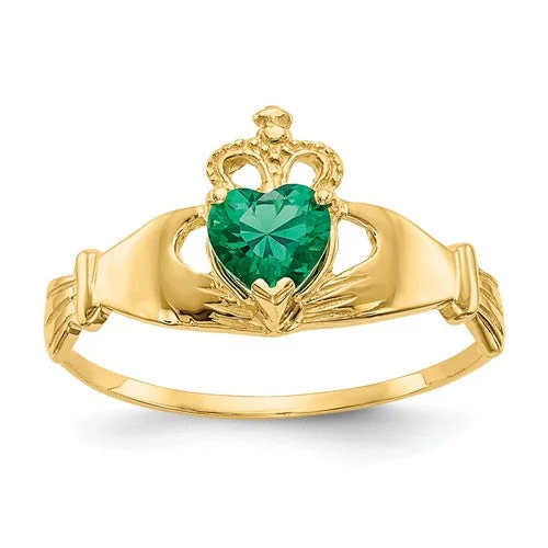 opal engagement ring for women -14k Yellow Gold Green Heart Polished Claddagh Ring