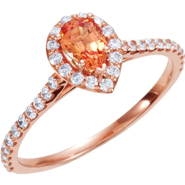 cubic zirconia ring for women -14k Rose Gold Pear Lab Created Padparadscha Sapphire & Diamond Halo Engagement Ring