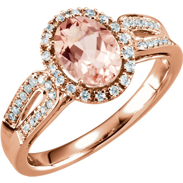 diamond halo ring for engagement -14k Gold Oval Morganite & 1/5 CTW Diamond Halo Double Shank Ring - White or Rose