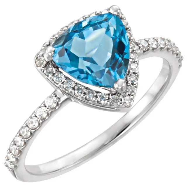 custom birthstone engagement ring for her -14k Gold Swiss Trillion Blue Topaz & 1/4 CTW Diamond Halo Ring