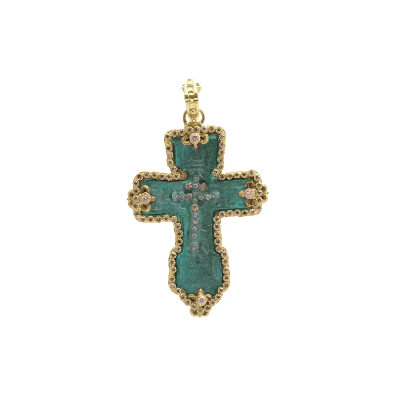 vintage necklaces for women-Teal Patina Diamond Cross Pendant