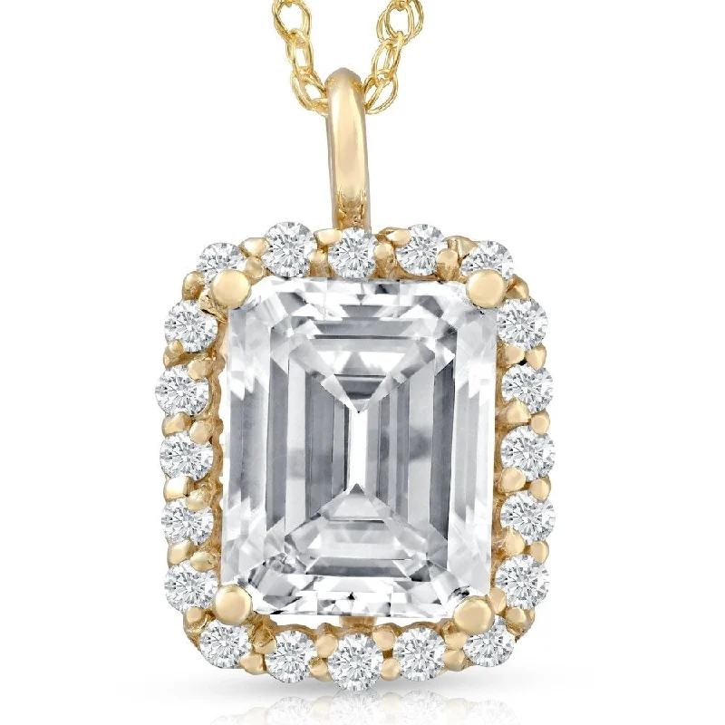 rose gold necklaces-3 1/2 Ct Emerald Moissanite & Lab Grown Diamond Halo Pendant 14k Gold Necklace