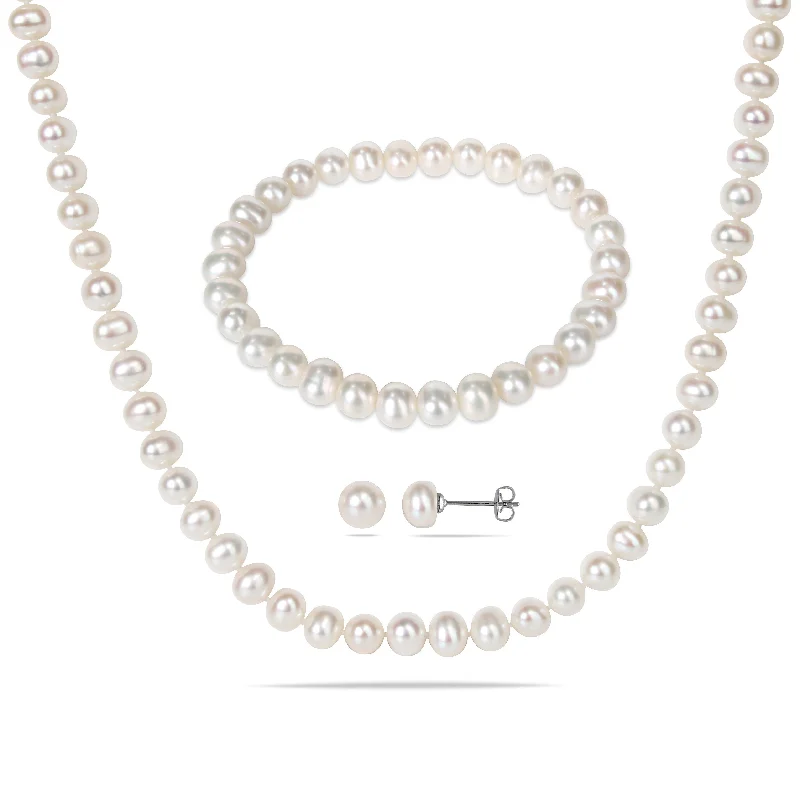 engraved necklaces for women-Miadora 6-7 mm Cultured Freshwater Pearl 3 pc. Jewelry Set