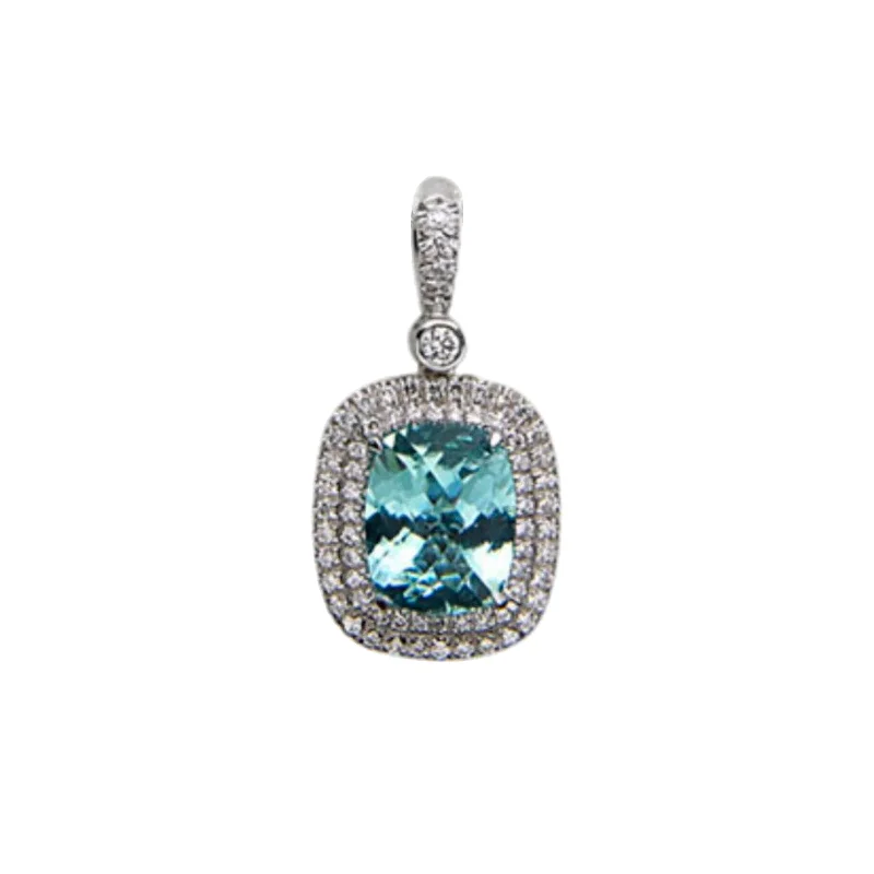 turquoise necklaces for women-Aquamarine Double Diamond Halo Pendant with Blue Sapphires (Reversible)