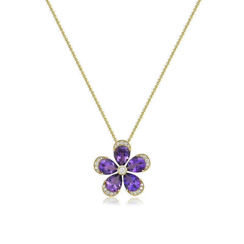 stylish necklaces for men-Amethyst & Diamond Flower Pendant