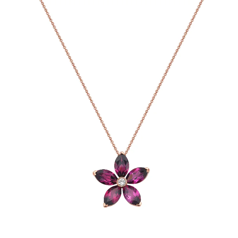 women’s crystal necklaces-Garnet & Diamond Flower Pendant