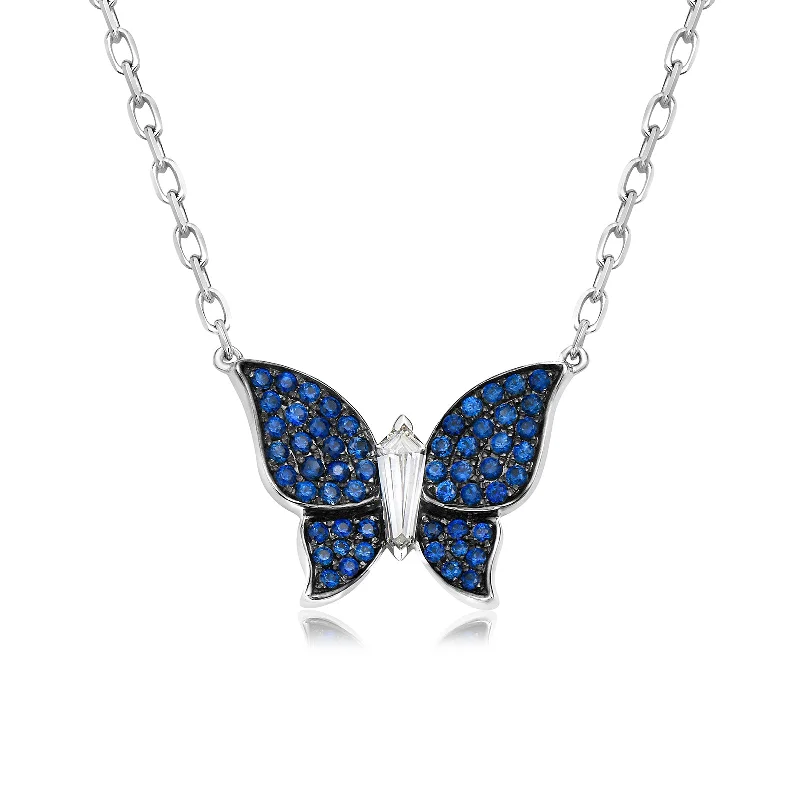 cross necklaces for men-Blue Sapphire & Diamond Butterfly Pendant