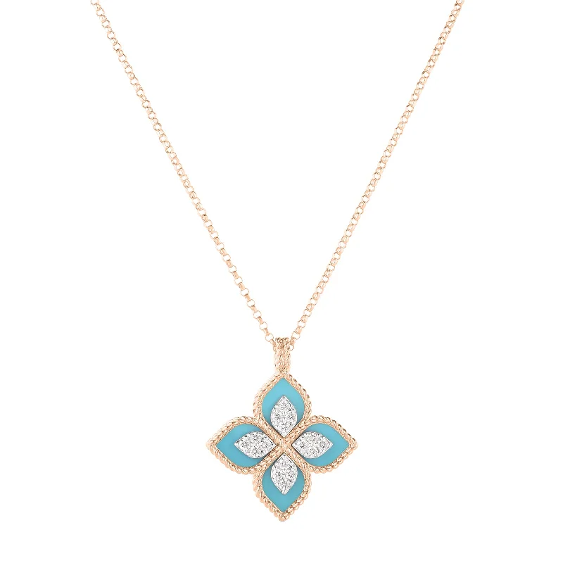 personalized birthstone necklaces-Turquoise & Diamond Princess Flower Necklace