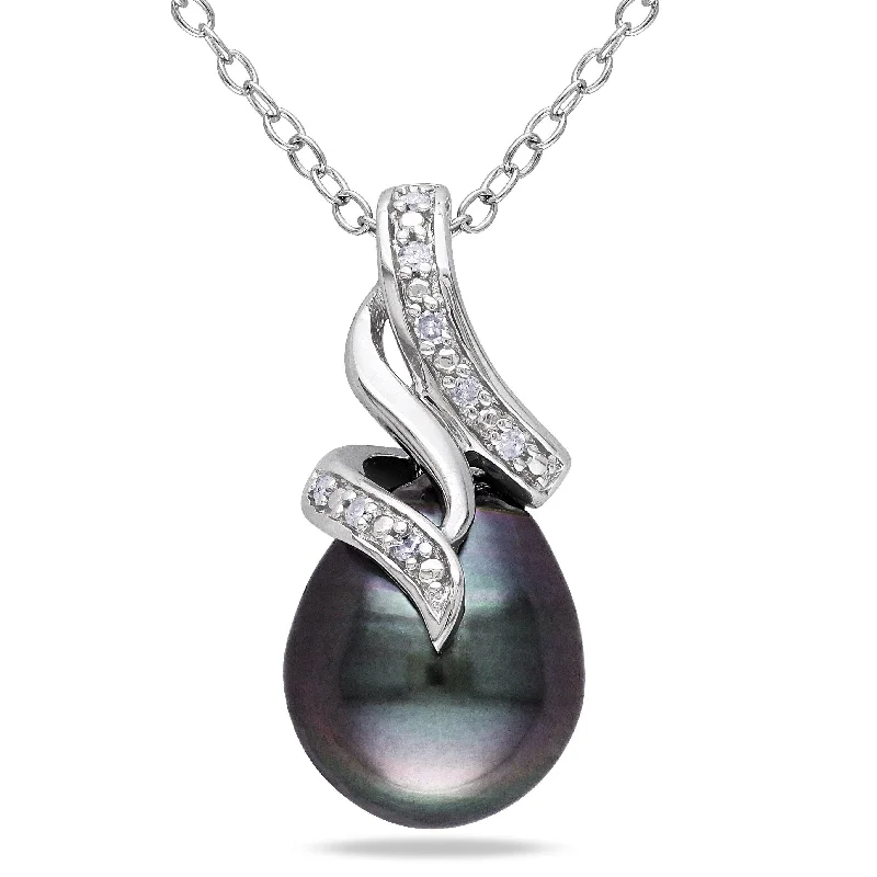 cubic zirconia necklaces-9-10 MM Tahitian Cultured Pearl Diamond Swirl Drop Necklace in Sterling Silver by Miadora - 21.8 mm x 18 inch x 11.4 mm