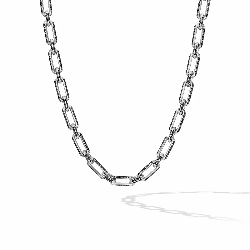 engraved necklaces for women-Elongated Open Chain Link Necklace in Sterling Silver with Pave Black Diamonds