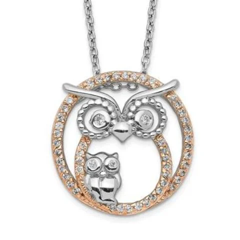 charm pendant necklaces-Cheryl M Sterling Silver And Rose Gold CZ Owl Mom and Baby Necklace