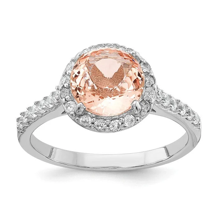 platinum engagement ring for women -Cheryl M Sterling Silver Simulated Morganite Round Halo Ring