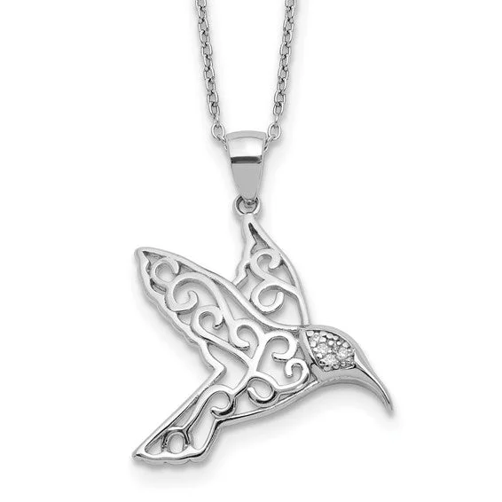 luxury gemstone necklaces-Cheryl M Sterling Silver Filigree Hummingbird CZ Pendant Necklace