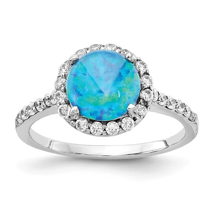 minimalist ring for women -Cheryl M Sterling Silver Round Lab Created Blue Opal and CZ Halo Ring