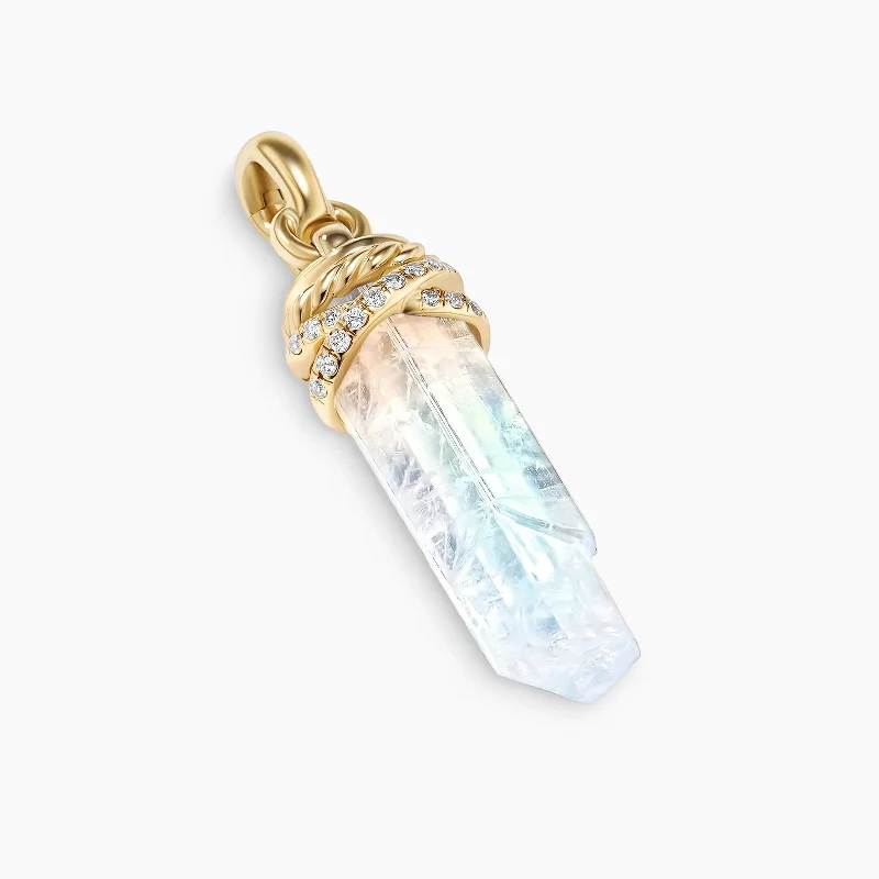 charm necklaces for women-Wrapped Rainbow Moonstone Crystal Amulet with 18K Yellow Gold and Pave Diamonds