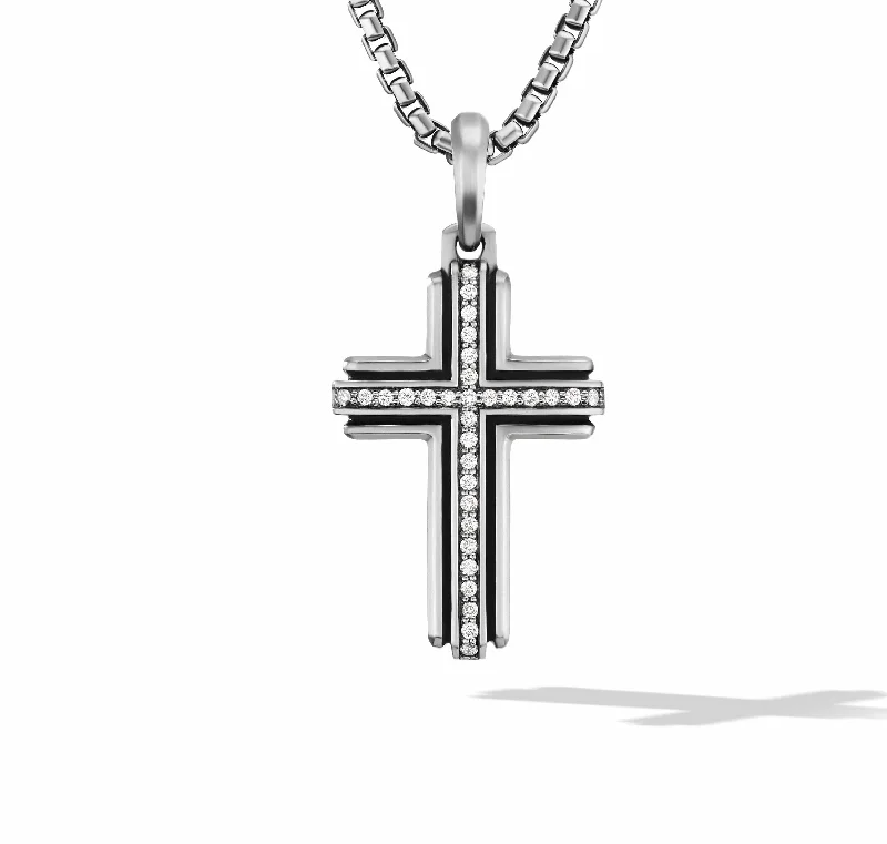 long gold chain necklaces-Deco Cross Pendant in Sterling Silver with Pave Diamonds