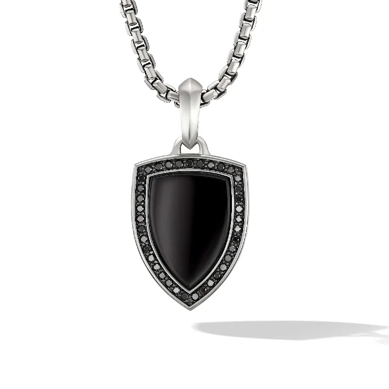 sterling silver necklaces-Shield Amulet in Sterling Silver with Black Onyx and Pave Black Diamonds