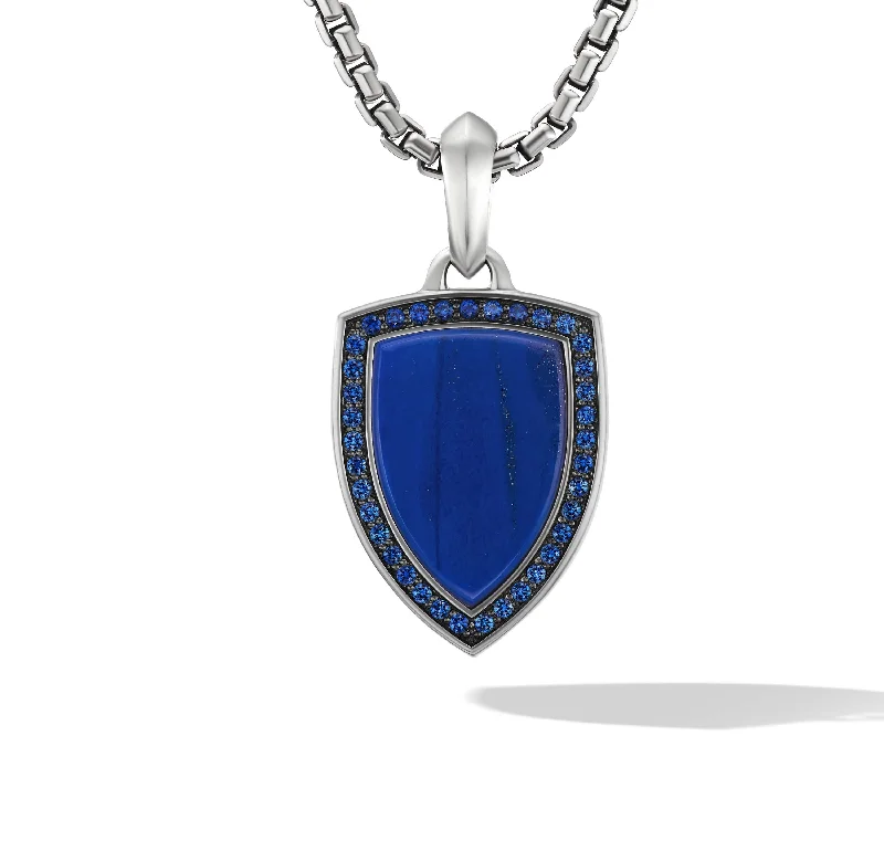 women’s heart-shaped necklaces-Shield Amulet in Sterling Silver with Lapis and Pave Sapphires