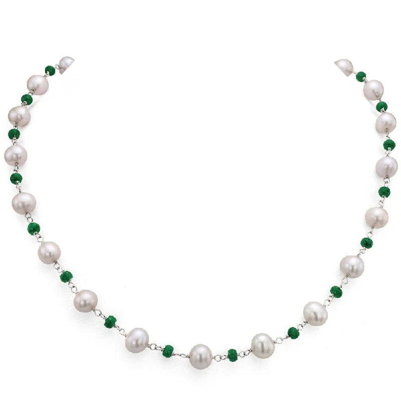 elegant gemstone necklaces-DaVonna Silver White FW Pearl and Green Emerald Necklace (8-8.5 mm)