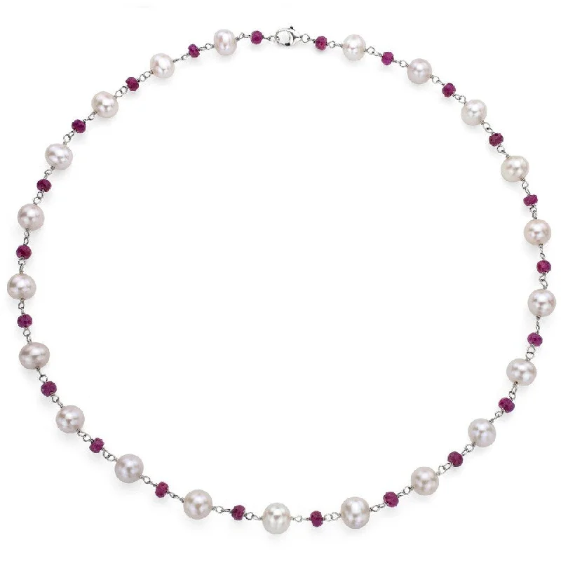 charm pendant necklaces-DaVonna Sterling Silver Freshwater Pearl and Ruby Necklace (8-8.5 mm)