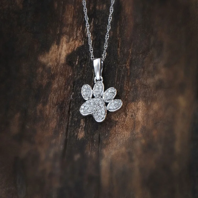 diamond pendant necklaces-De Couer IGI Certified 10k White Gold Round Diamond Dog Paw Print Necklace